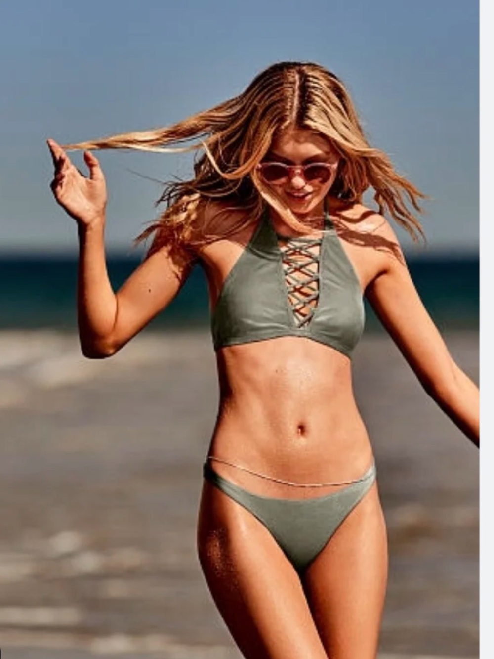 NWT PINK Victoria Secret Lace-Up Olive Green Velvet Bikini Set -  top Lg bot Med